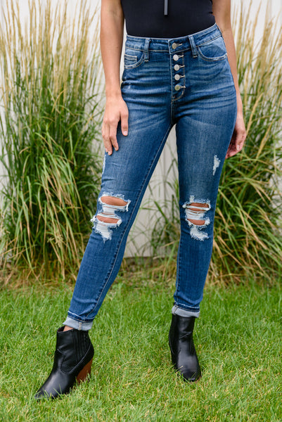 Distressed Dreaming Button Fly Cuffed Skinny Judy Blue Jeans