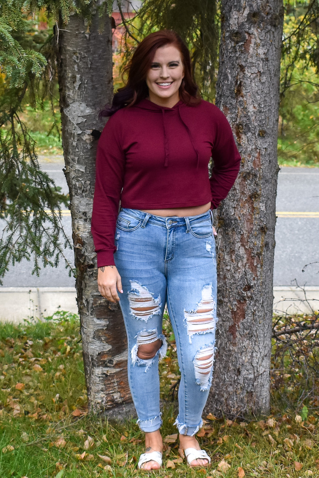 Take Me There Cropped Hoodie in Burgundy